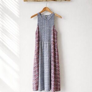 Japna Patchwork Smocked Midi Dress Blue Rust Sleeveless Size L Spring Boho